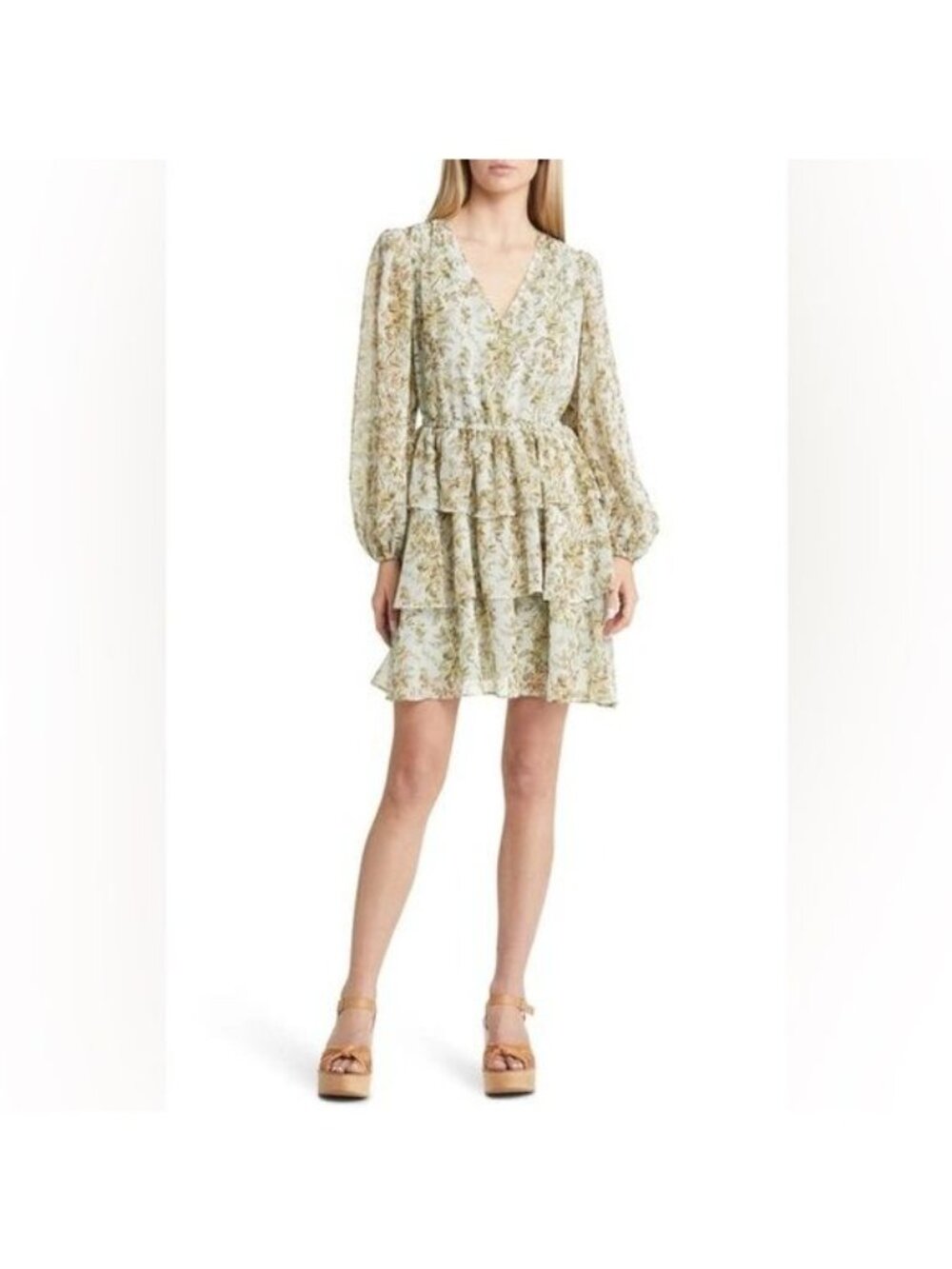CHELSEA 28 FLORAL LONG SLEEVE TIERED MINI DRESS IN BLUE- OLIVE SCOTTS FLORAL